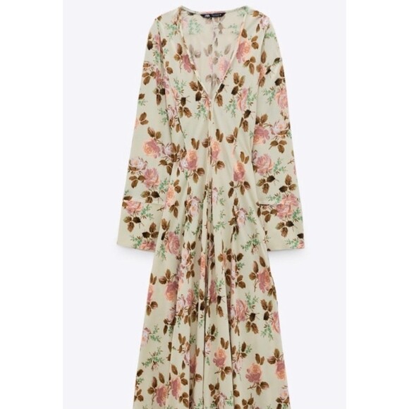 Zara Cream Floral Print Maxi Dress Women Size S Long Sleeve Romantic Flowy Boho - Picture 1 of 16